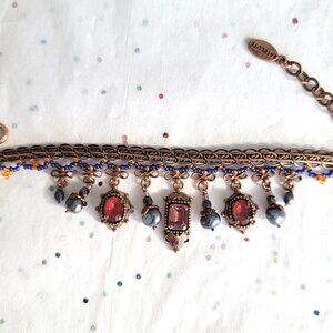 SATELLITE PARIS VINTAGE AMETHYST FACETED GLASS CHARMS/ DETAILED COPPER BRACELET